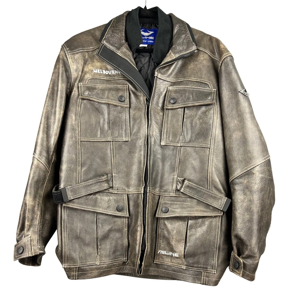 Miline Motorbike Leather Jacket Mens XXL Brown Excellent Distressed Motorcycle